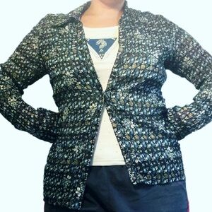 🩵3/$18🩵 Semi-Sheer Mesh Textured elegant button up blouse blue brown shimmer